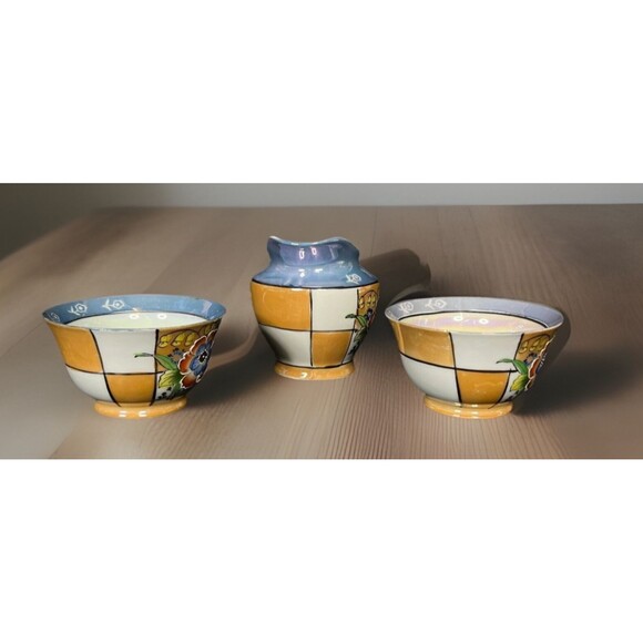 Vtg Japan Lusterware Blue Peach Raised Floral Teacups & Creamer Lot of 3 - Picture 2 of 8